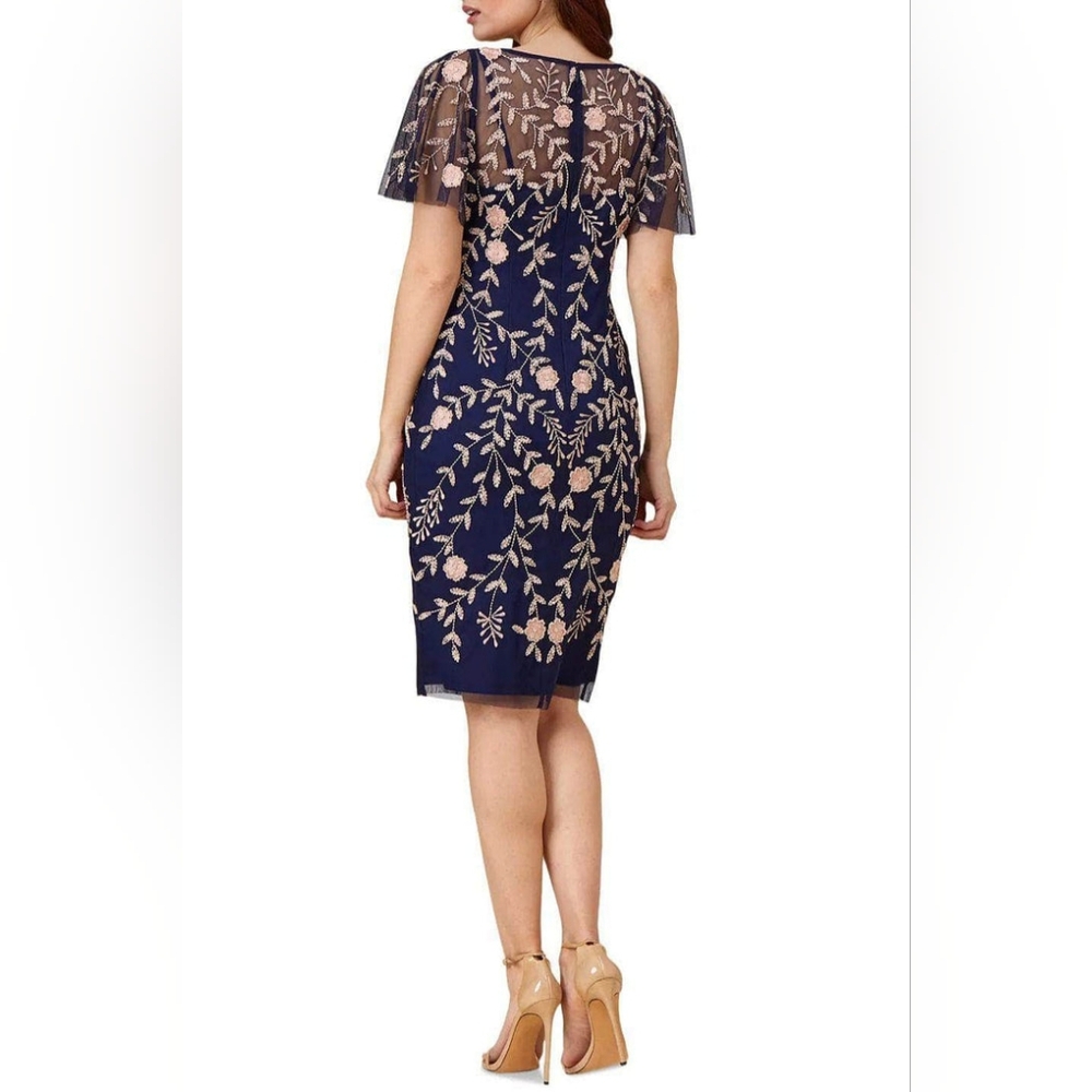 Adrianna Papell Navy & Blush Floral Sequin Embroidery Dress NWT - Picture 5 of 12